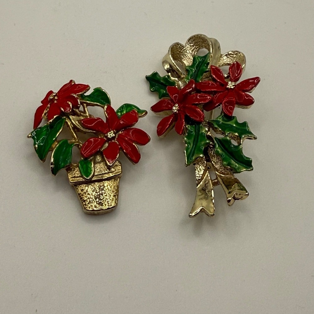 Vintage GERRY'S Poinsettia‎ Flower Brooch Lot of 2 Holiday Christmas Jewelry